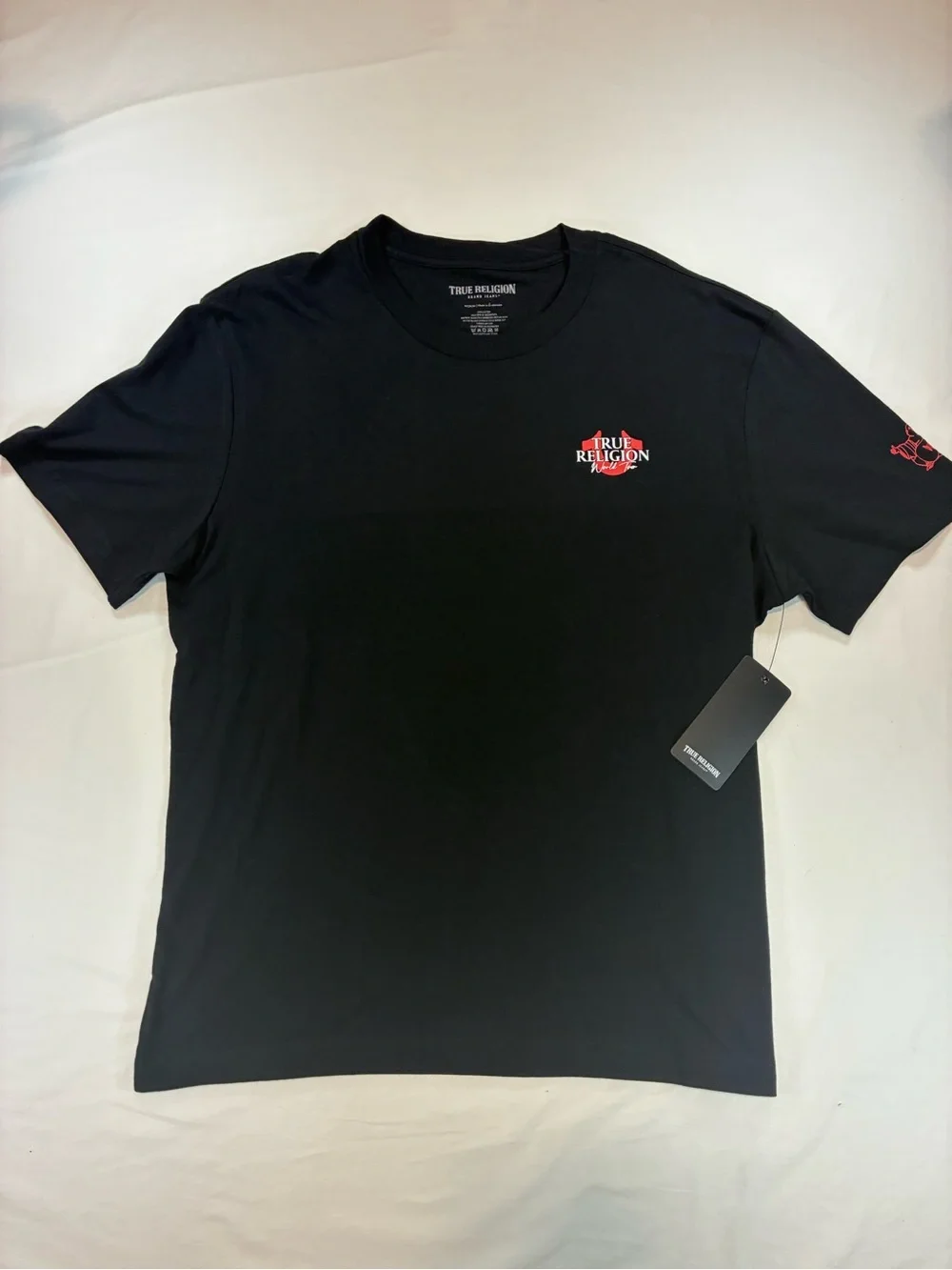 True Religion Black Tee with Red & White Globe Logo